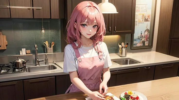 kitchenで料理をしているアニメの女の子, 昼間のkitchen, Anime Style 4k, Girl in pink apron, kitchen, anime art wallpaper 4k, anime art wallpaper 4k, Anime Art Wallpapers 8K, LOFI Girl, 昼間のkitchen, She is wearing a white T-shirt under her pink apron., Summer concept art, Digit...