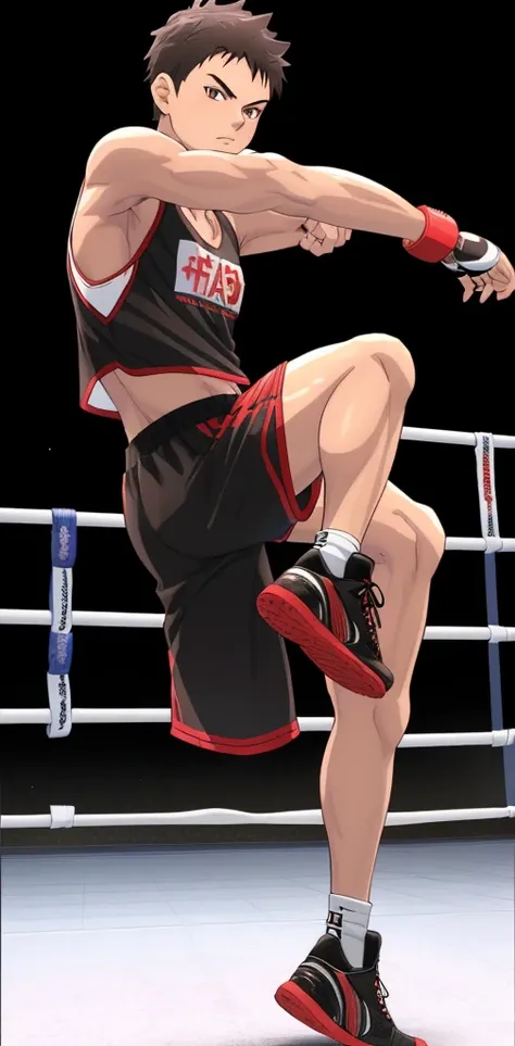 /imagine, a young man, 3d anime style. He is a Muay Thai fighter and wears comfortable sportswear. black, spiky hair, brown eyes, wears a white band on his arm. has a serious look. he is kicking, they are in the same place as in the previous image