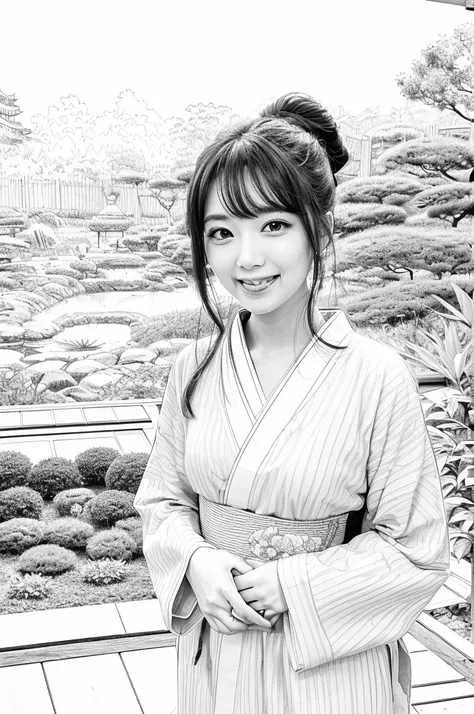 Please create a realistic ukiyo-e illustration of a cute, smiling woman in a kimono that conveys Japanese culture in various poses with (a Japanese garden in the background:1.5), using a simple black and white coloring book that even children can do. The i...