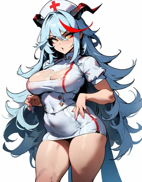 1girl, aegir (azur lane), azur lane  masterpiece, best quality, very aesthetic, absurdres, newest  sportive body,   by nyantcha,,by cutesexyrobutts,by khyle ///// silvery white hair with a single prominent red streak, black horns, yellow eyes,  , white bac...