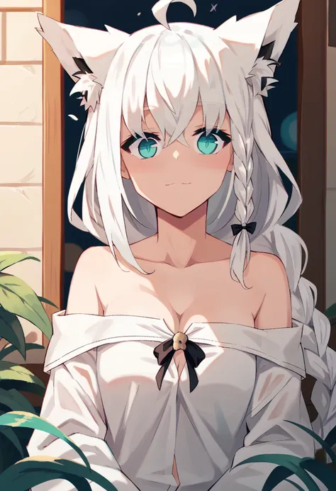 {{{shirakami_fubuki}}}, fox girl, white hair,braid, ahoge, animal ear fluff, aqua eyes, black ribbon, white shirt, off shoulder