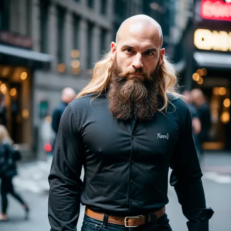 30 year old man. Ultra realistic. 4k. Bald. Bearded. Well dressed. Streets of new York. Head and shoulders. Muscular. Black shirt. Blonde hair. Norwegian heritage 