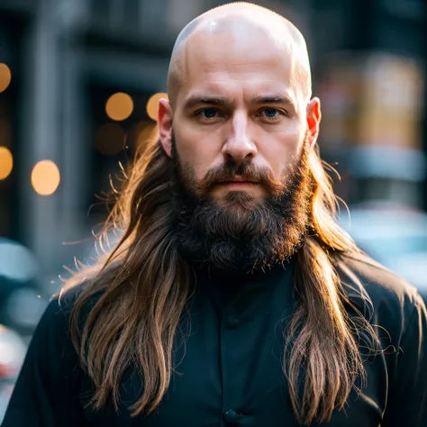 30 year old man. Ultra realistic. 4k. Bald. Bearded. Well dressed. Streets of new York. Head and shoulders. Muscular. Black shirt. Blonde hair. Norwegian heritage 