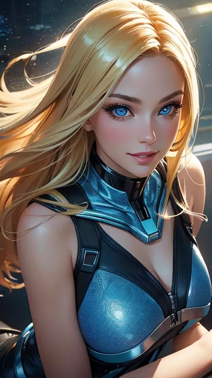 (best quality,ultra-detailed,photo-realistic:1.37),bright and vibrant colors,studio lighting,playful expression,stylish makeup,long blonde hair flowing in the wind,alluring eyes,glossy lips,sexy pose, Space Cadet, Cockpit, smiling in a confident and seduct...