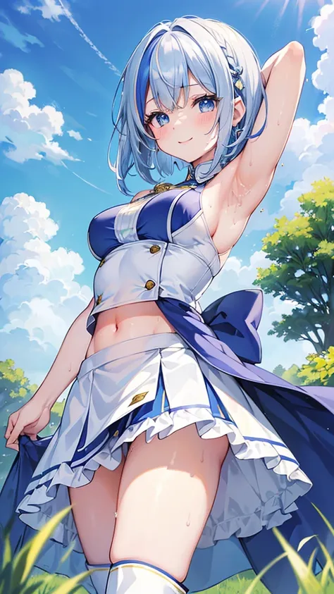 beautiful, masterpiece, Highest quality, anime, One girl, C Cup,Portrait Shot, View your viewers, Intricate details,>,((Covered、Short Hair、nearby、Blue Eyes、art、、White hair,Blue streaked hair、wallpaper、、hairpin、smile、Race Queen、Thigh、Knee-high boots、blue sk...