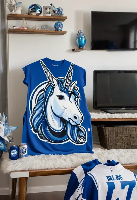 blue unicorn crying, holding Dallas Mavericks shirt, sitting in front of a TV, Dallas Mavericks painting on the wall above the TV