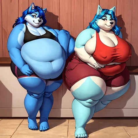 Malamute, female, long blue hair, black and blue body,, huge hips, huge thighs, plump, voluptuous,obese, gorgeous, beautiful, eyelashes, tank top, shorts,fat arms, fat legs, belly rolls, fat rolls, hip fat rolls, double chin, chubby cheeks , barefoot ,big ...