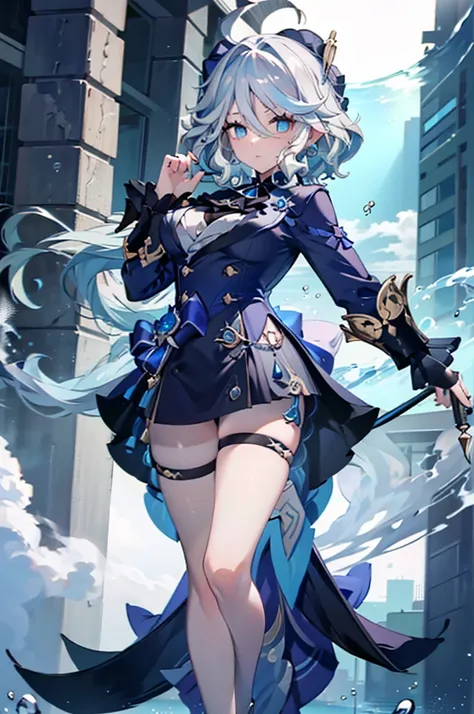 (full body),masterpiece, The best quality at its best, One huge breasted girl, Follina, Genshin Impact, Gray Hair, Blue Hair, Cute big breasts, Tear organ pupil, sad, Clit,  Underwater, Air bubbles, big, Fall into oblivion, Abandoned city，Cowboy Shot，Kung ...