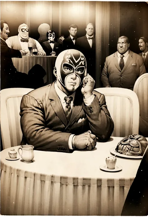 Jim Davis cartoon Illustration of a bulky man wearing a suit and a lucha libre wrestling mask, sitting at a dinner table