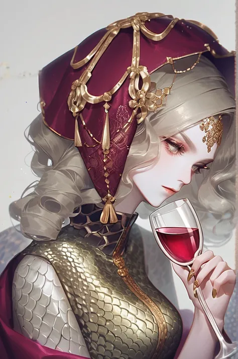 ((Лучшее качество)), ((шедевр)), (подробный), a woman covered in snake scales with a glass of wine