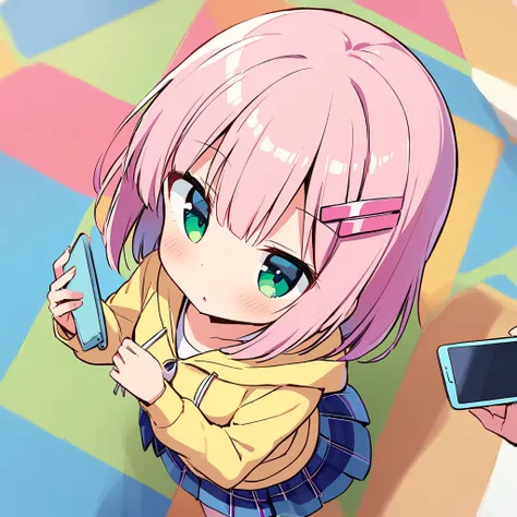 (madhikado mazoku,chiyoda momo,1girl,solo,pink hair,hairclip,hair ornament,green eyes,medium hair,small breasts,,yellow hoodie over ,plaid skirt,blue skirt,red ribbon,pink hair clip,bob cut), from above, (Giant Tai Chi), 1 girl, (cellphone), black Clothes,...