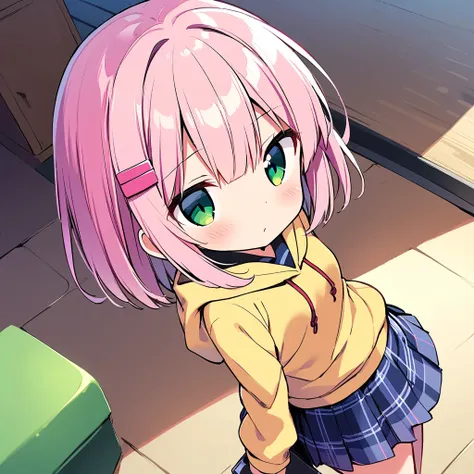 (madhikado mazoku,chiyoda momo,1girl,solo,pink hair,hairclip,hair ornament,green eyes,medium hair,small breasts,,yellow hoodie over ,plaid skirt,blue skirt,red ribbon,pink hair clip,bob cut), from above, (Giant Tai Chi), 1 girl, (cellphone), black Clothes,...