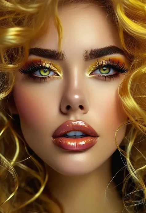 High detail, 8k resolution, ultra-high resolution, best quality, beautiful girl, lipstick, peerless beauty, long curly yellow hair, a little messy, rich and beautiful makeup, exquisite and perfect facial features, big gemstone eyes, (exquisite eyelashes) b...