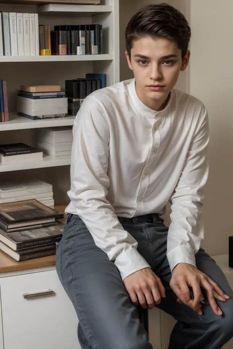 A beautiful young male twink with black hair and a face with makeup. He is wearing a white long-sleeved shirt and black jeans. He is in his huge scientific office. He is sitting studying with concentration and at a desk with a mathematics book on it.