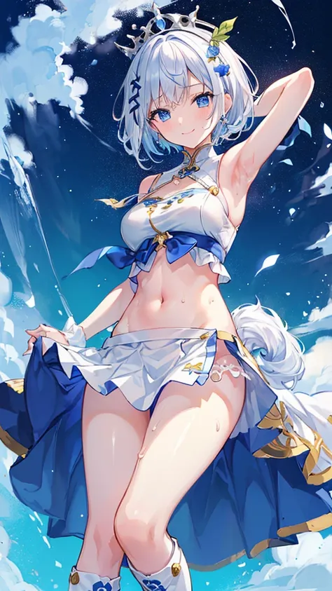 beautiful, masterpiece, Highest quality, anime, One girl, C Cup,Portrait Shot, View your viewers, Intricate details,>,((Covered、Short Hair、nearby、Blue Eyes、art、、White hair,Blue streaked hair、wallpaper、、hairpin、smile、Race Queen、Thigh、Knee-high boots、blue sk...