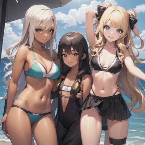 Realistic, 3 beautiful Japanese gals, Selfie, Face Enhancement, Face Zoom, Big smile, Long blonde hair, Wavy Hair, Dark Skin, Beach, bikini, Looking up from below