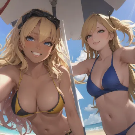 Realistic, 3 beautiful Japanese gals, Selfie, Face Enhancement, Face Zoom, Big smile, Long blonde hair, Wavy Hair, Dark Skin, Beach, bikini, Looking up from below