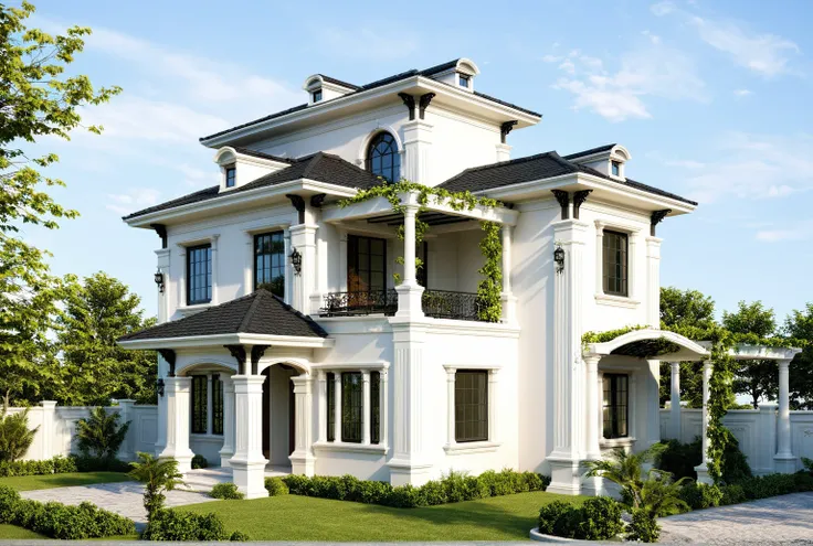 neoclassic house, exterior design, (white wall:1.3), pair of italian neo-classic style white railings, (hip and valley roof), ne...