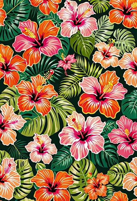 Tropical prints, hibiscus flowers in pink and orange tones with touches of green. The design features stylized hibiscus flowers in vibrant colors of pink and orange, with green accents that enhance their natural beauty. The flowers are artistically arrange...