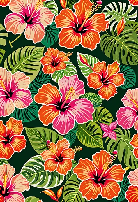 Tropical prints, hibiscus flowers in pink and orange tones with touches of green. The design features stylized hibiscus flowers in vibrant colors of pink and orange, with green accents that enhance their natural beauty. The flowers are artistically arrange...