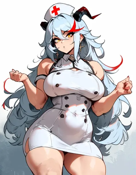 1girl, aegir (azur lane), azur lane  masterpiece, best quality, very aesthetic, absurdres, newest  sportive body,   by nyantcha,,by cutesexyrobutts,by khyle ///// silvery white hair with a single prominent red streak, black horns, yellow eyes,  , white bac...