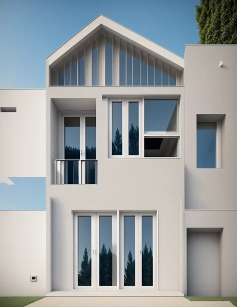 architecture minimaliste, les principaux matériaux de la maison comprennent des murs blancs, murs effet béton bleu, Images réalistes, Extrêmement détaillé, une maison moderne, 1 route devant la maison, grande cour en céramique, (1 voiture), clôture en briq...