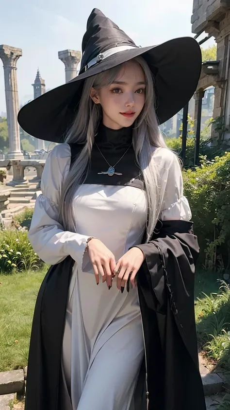 (2  girls),((yuri))),((Eye contact))),(Look at each other),((medieval world)), (((The witchs old black hat))), (Slim witch in white), (Slim black witch), Gentle eyes, (She has a naughty smile on her face:1.4), Friendly and girly face, Glass earrings on the...