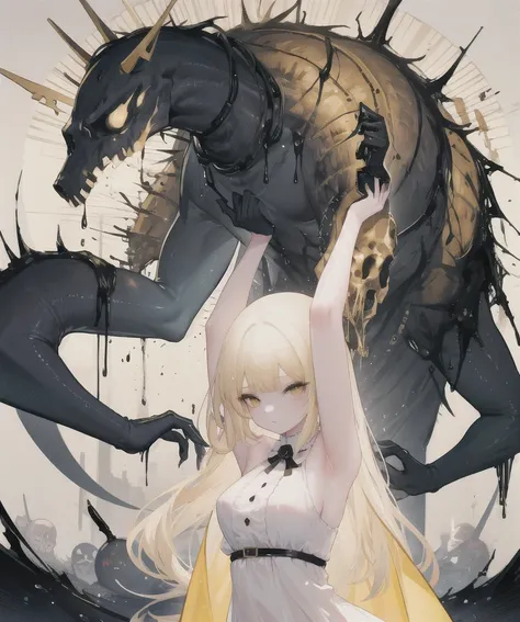 yellow theme ,1girl, solo, blonde hair, dress, arms up, size difference, monster, skull, 