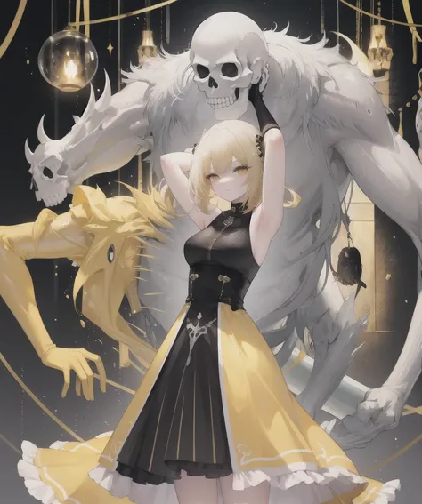 yellow theme ,1girl, solo, blonde hair, dress, arms up, size difference, monster, skull,