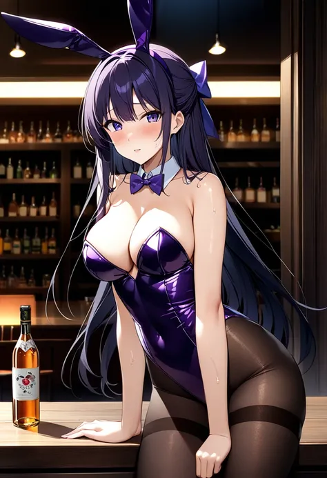 ((masterpiece)), Highest quality, Very detailed,(One Girl), Akane Ryuuzouji、 Purple hair ribbon、Long Hair,Beautiful background ,Completely naked,  chest, Bent body,Lie in, Look to the side, Worried face, Female genitals in full view, Drunk look, Hot body、S...