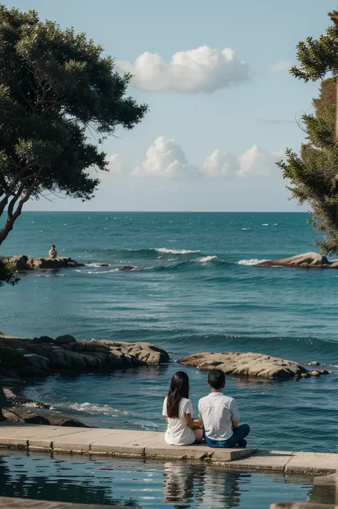 serene sea atmosphere in the afternoon with a couple sitting on the edge
