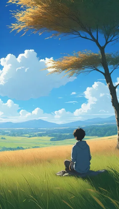 Creates an image of a serene, sunlit rural scene in a vibrant and detailed anime style. The scene is a boy sitting next to a tree in an autumn meadow, watching a vast blue sky, tall grasses, makoto shinkai cyril rolando, 4k anime art wallpaper, small grass...