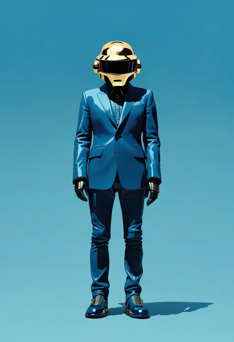 a Minimalist journey of  full body shot of strolling on the Besch as the film character sitting on a blue background in the style of. Daft punk style,, Daft Punk ::2 --chaos 40 --ar 71:128