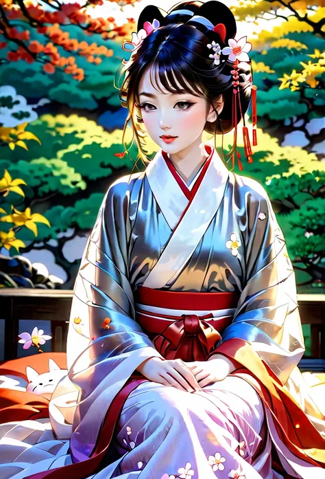 (Ah! My Goddess style:1.2) , Hallucination, daydream , nightmare , Insane Dream , bokeh , erotica , romance , realistic mouse nymph and realistic cat , Womens hakama from the Meiji period , Petals fluttering down , Single eyelids, round nose, swollen cheek...