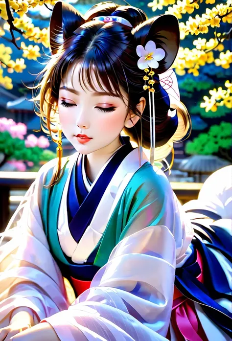 (Ah! My Goddess style:1.2) , Hallucination, daydream , nightmare , Insane Dream , bokeh , erotica , romance , realistic mouse nymph and realistic cat , Womens hakama from the Meiji period , Petals fluttering down , Single eyelids, round nose, swollen cheek...