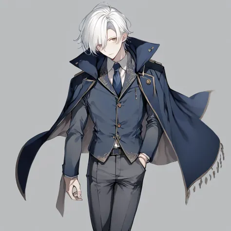 Male, anime, hero, dark blue coat, white hair,  no background , high quality, dark grey pants, high quality face, 