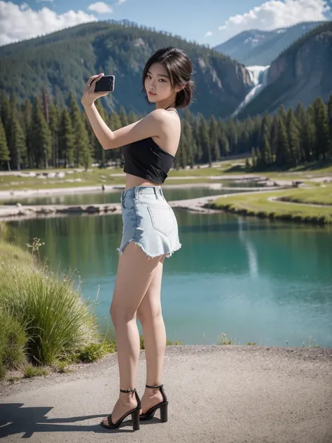 The background is Yellowstone Park in the United States. A young Korean beauty wears an ultra-short tube top that exposes the lower half of her breasts, an ultra-short low-waisted miniskirt that exposes a bit of her buttocks, and she wears strappy high-hee...