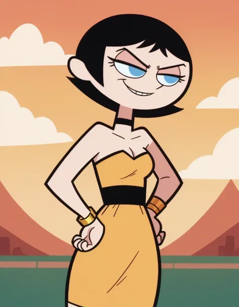 score_9, score_8_up, score_7_up, BREAK, 1girl, ke4n3PPG, short hair, black hair, hair bob, blue eyes, hands on hips, tilted waist, strapless black tube dress, black chocker, gold bracelets, a yellow sunset, smug