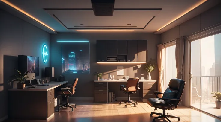 there is a computer desk with a chair and a vase in the corner, cgsociety 9, jessica rossier color scheme, retro futuristic apartment, futuristic. game cg, rendered in lumion pro, sci - fi interior, octane render : :, rendered in lumion, matte painting of ...