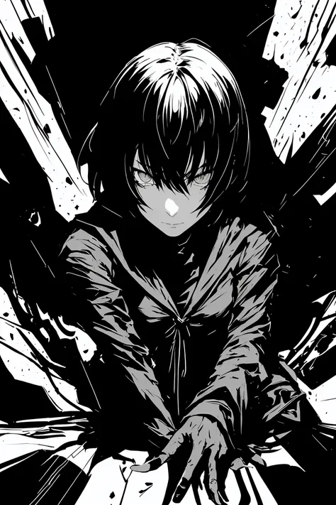 v5lcn style,ink art,(highest quality,tabletop:1.2),(black and white comic core:1.1),(extremely high contrast),dark ink,one girl,...