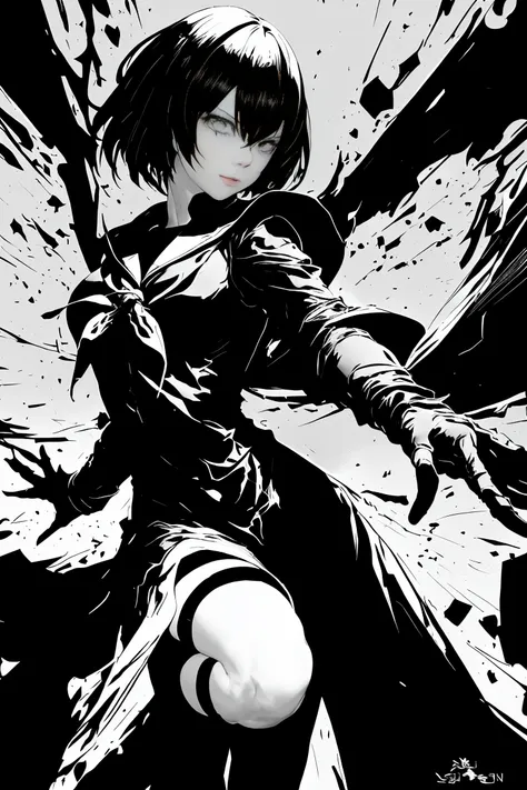 v5lcn style,Ink Art,(Highest quality,Tabletop:1.2),(Black and white comic core:1.1),(extremely high contrast),Dark ink,One Girl,Black-haired,Face Shadow、8K,solve,high school girl,Sailor suit,