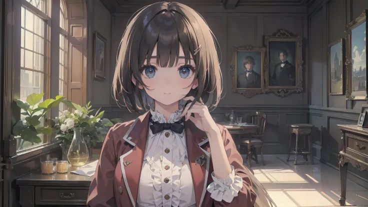 (Highest quality、16K、masterpiece、Ultra-high resolution、Victorian era、Photorealistic:1.2)、Cowboy Shot、One-length bob cut braided hair clip with front drop、Branded Uniforms　cute、clear、 Tsundere、Heroine&#39;s Attributes
