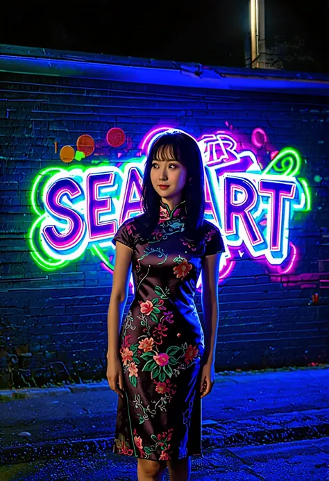 at the dark night there is colorful glowing graffiti text "sea art", in street wall , as the foreground there is a beautiful you...