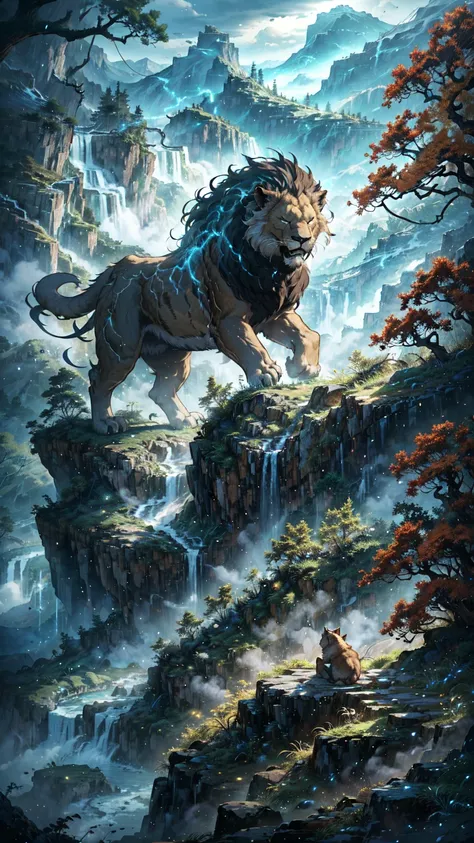 Sleeping on a steep rocky mountain(lion:1.1),Waterfall from the back, thunderstorm, storm, Vision, Mysterious Clouds, cliff, fog, wood,dream, Fantasy, monsters, lion, monsters, tooth, simple, flat desinge, dahuangdongjing