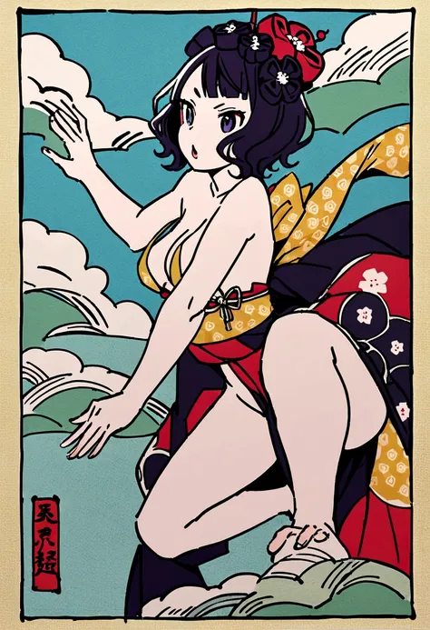 Akafuji、Blue sky、Katsushika Hokusai、high quality、high resolution、Ukiyo-e style、Girl climbing