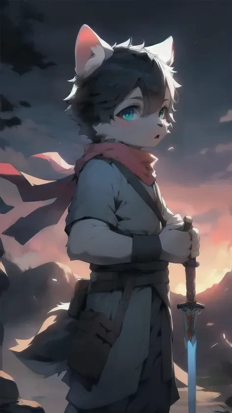 White wolf，juvenile，male，Gray-black fur，black hair Sky blue eyes，Ancient combat uniform，scarf，Holding a long sword，Scabbard back，permanent，The only one,dawn，illumination，Break