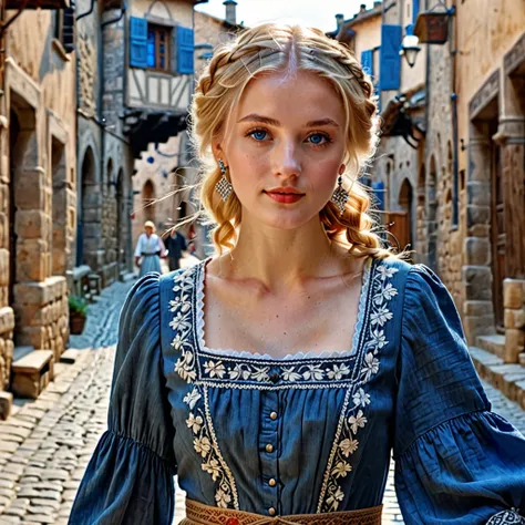 best quality, masterpiece, realistic photo, intricate details, raw photo, ultra detailed, old fashioned young woman, with peasant style dress, no necklines, blonde hair, perfect detailed and blue eyes, walking in an old city, HD quality, 8K, young woman, 1...