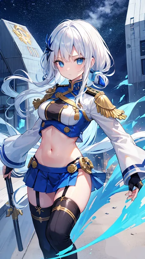 White hair,Blue streaked hair、navel、Combat Uniform、Sci-Fi Brass Knuckles、Sci-fi hair accessories、skirt、inner