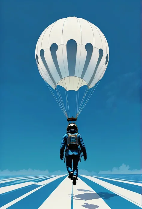 a Minimalist journey of  full body shot of strolling on the Besch as the film character flying on a parachute blue background in the style of. Daft punk style,, Daft Punk ::2 --chaos 40 --ar 71:128