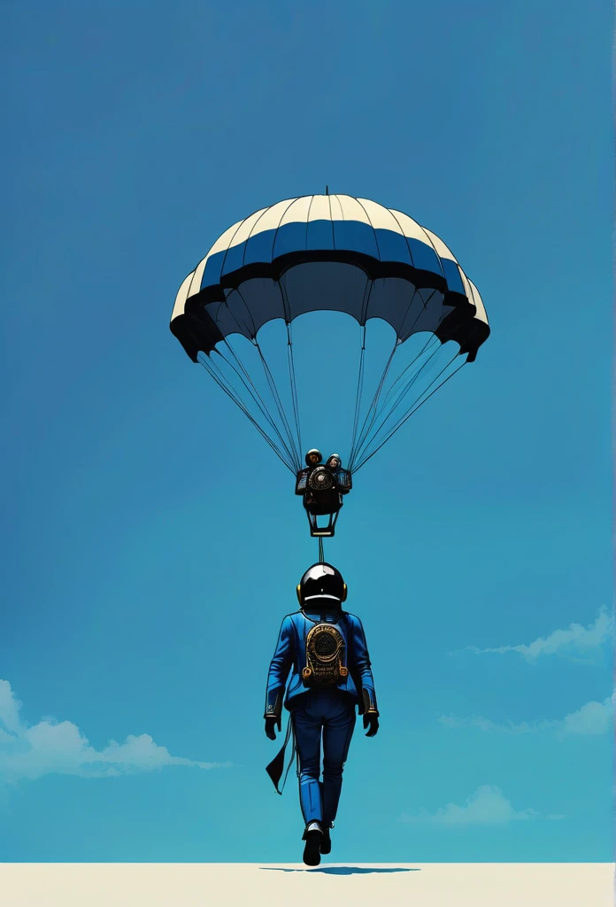 a Minimalist journey of  full body shot of strolling on the Besch as the film character flying on a parachute blue background in the style of. Daft punk style,, Daft Punk ::2 --chaos 40 --ar 71:128